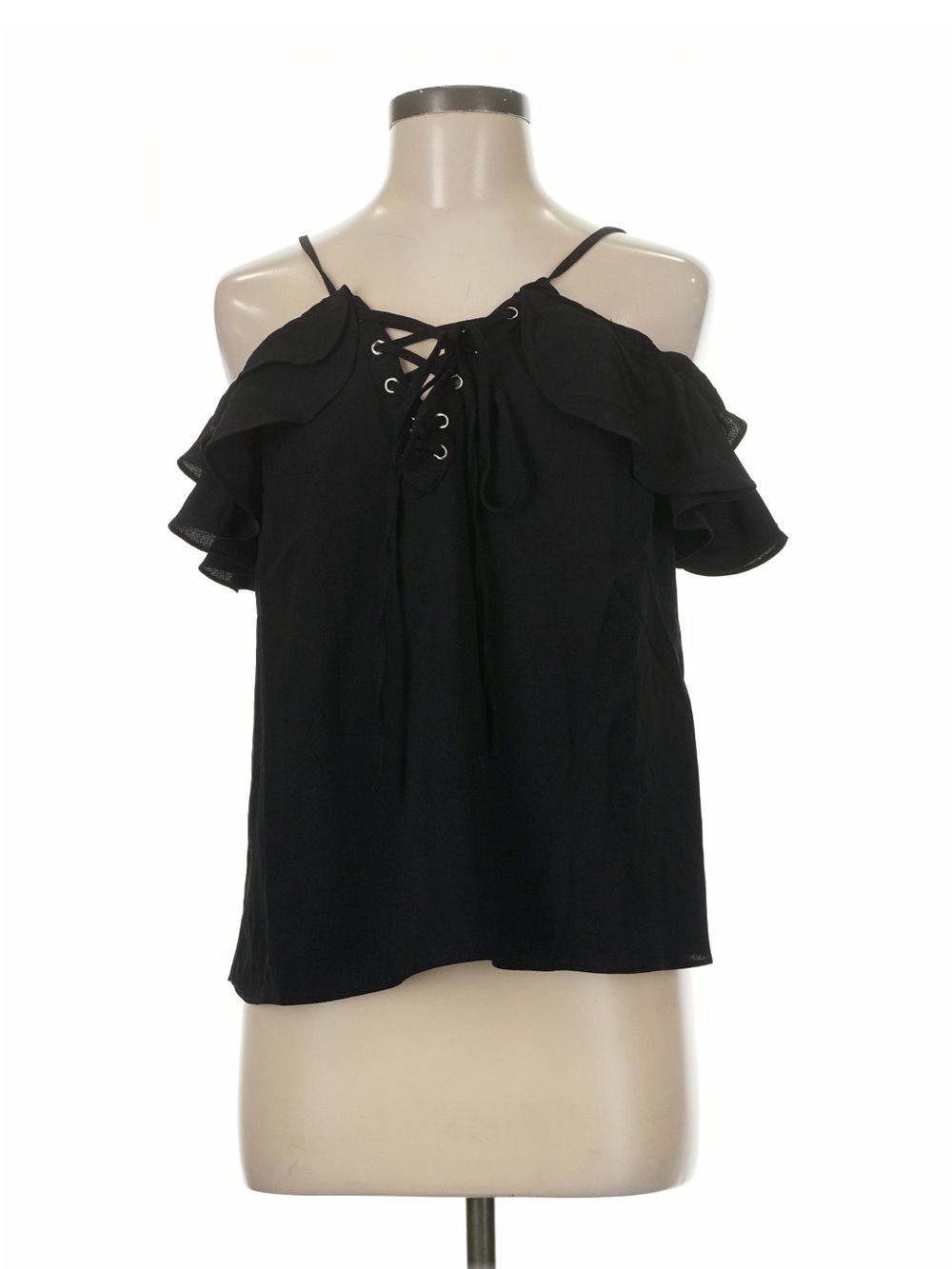 English Factory Black Cold-Shoulder Lace-Up Blouse